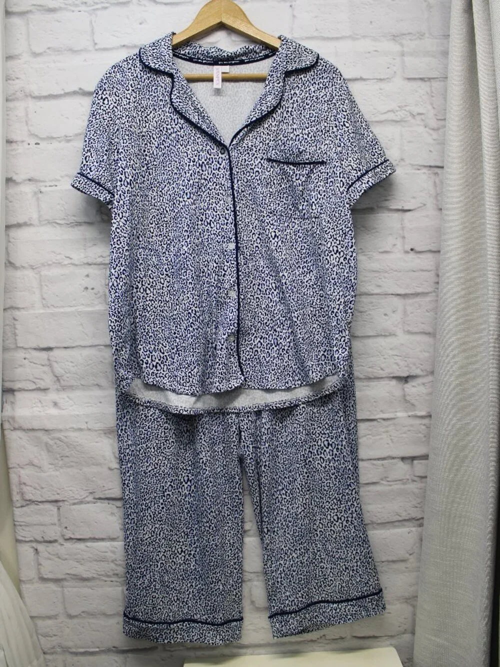Joyspun Large Blue Black Leopard Print Shortsleeve Button Pajama Loungewear Set